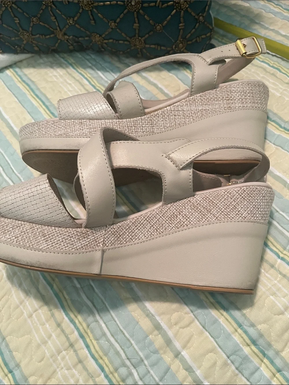 Women’s Cream Strappy Wedge Sandals with Textured Toe Strap